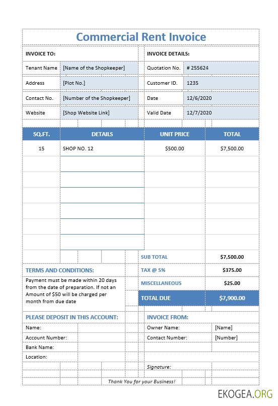 Modèle de facture de loyer commercial